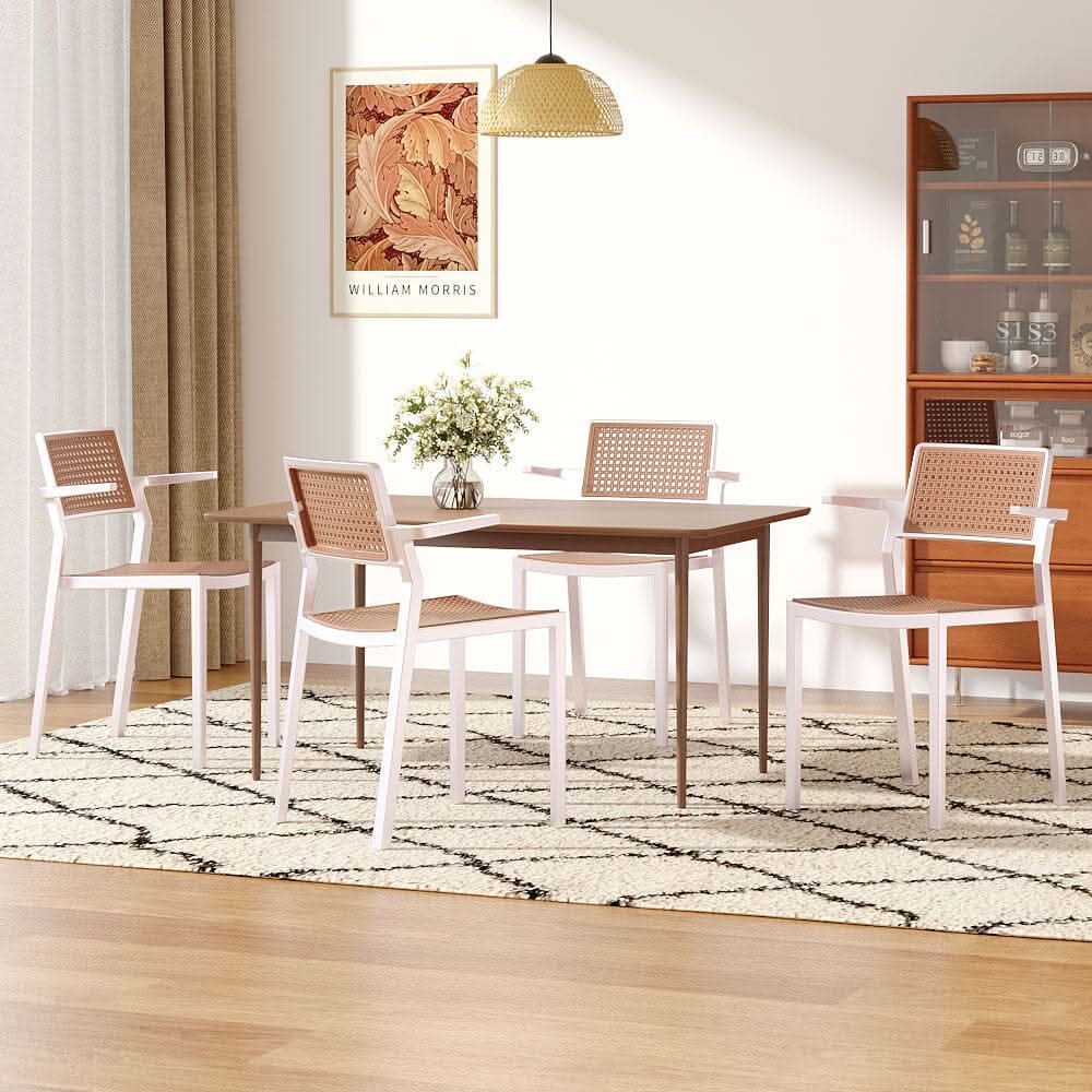 Stackable Plastic Rattan Look Dining Chairs with Armrests – Set of 4