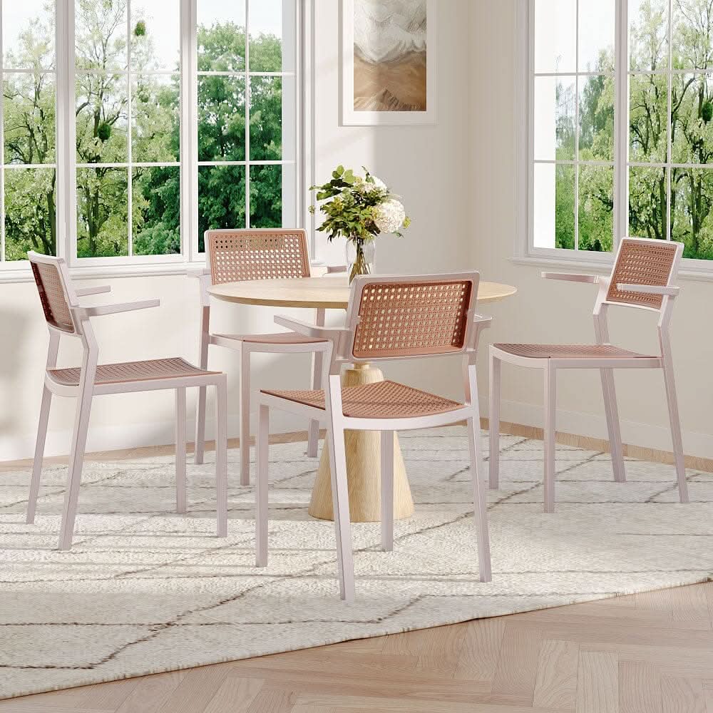 Stackable Plastic Rattan Look Dining Chairs with Armrests – Set of 4