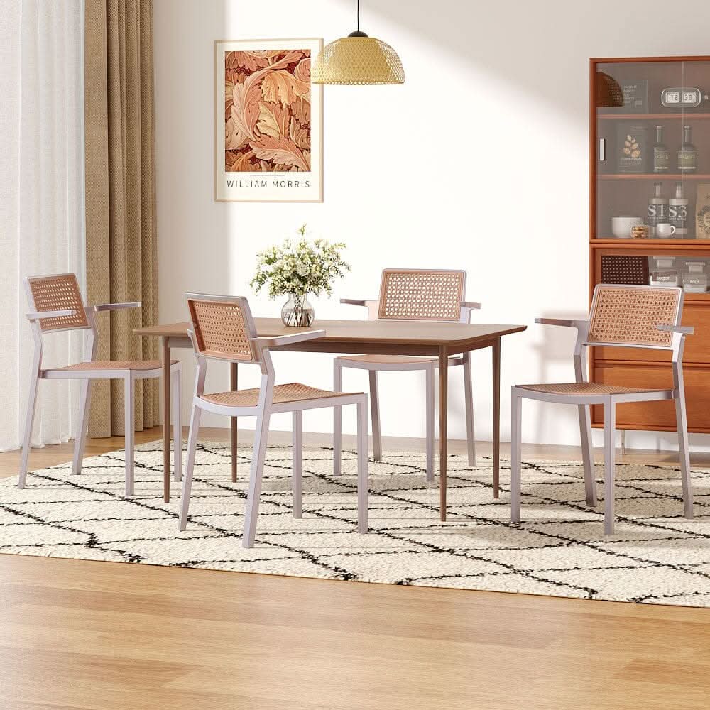 Stackable Plastic Rattan Look Dining Chairs with Armrests – Set of 4