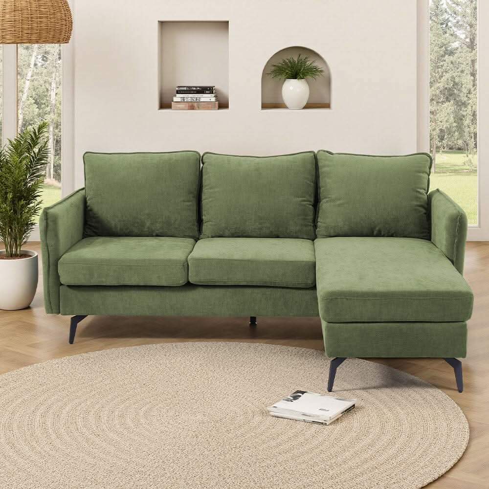 Corner Sofa Green Grey Polyester Wooden Frame Spring Cushion Metal Legs