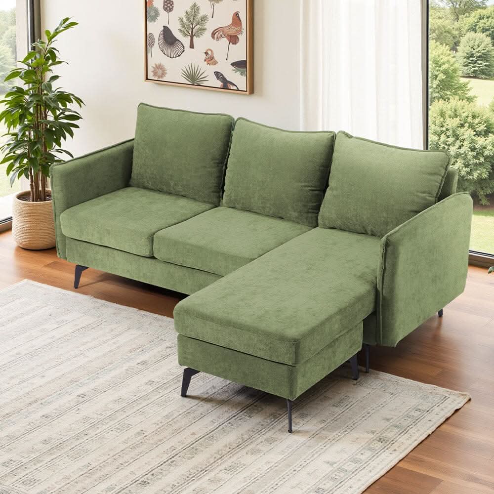 Corner Sofa Green Grey Polyester Wooden Frame Spring Cushion Metal Legs