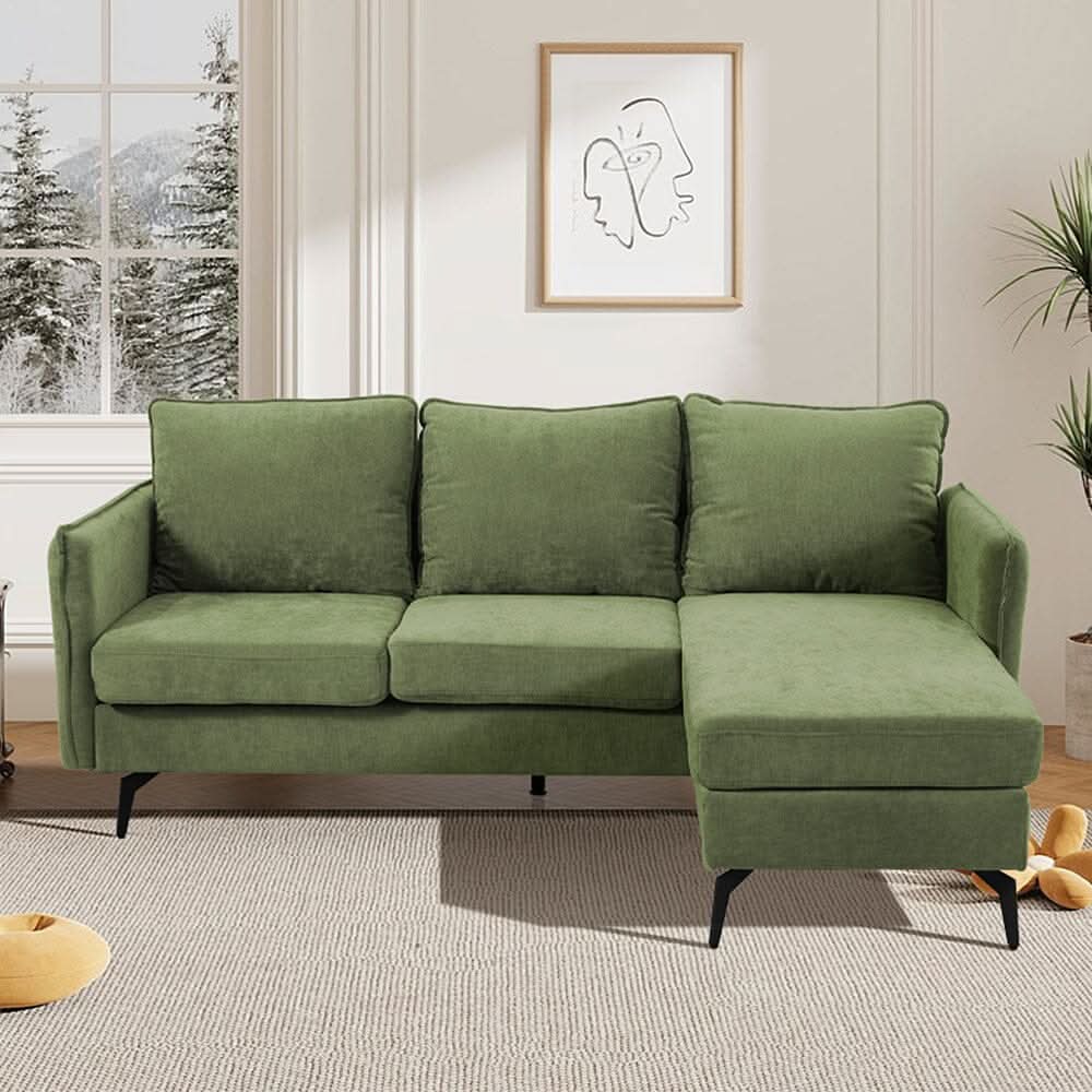 Corner Sofa Green Grey Polyester Wooden Frame Spring Cushion Metal Legs