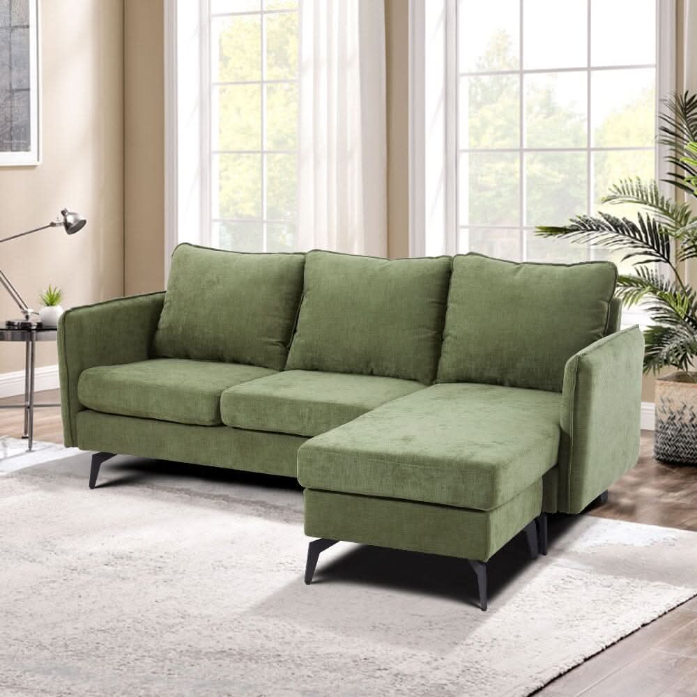 Corner Sofa Green Grey Polyester Wooden Frame Spring Cushion Metal Legs