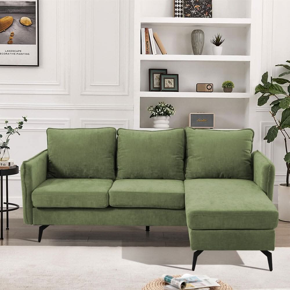 Corner Sofa Green Grey Polyester Wooden Frame Spring Cushion Metal Legs