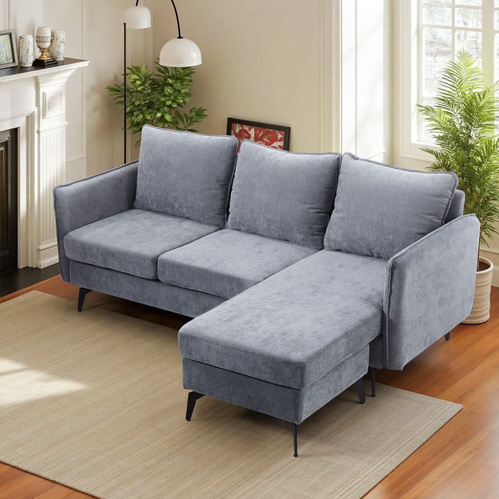 Corner Sofa Green Grey Polyester Wooden Frame Spring Cushion Metal Legs