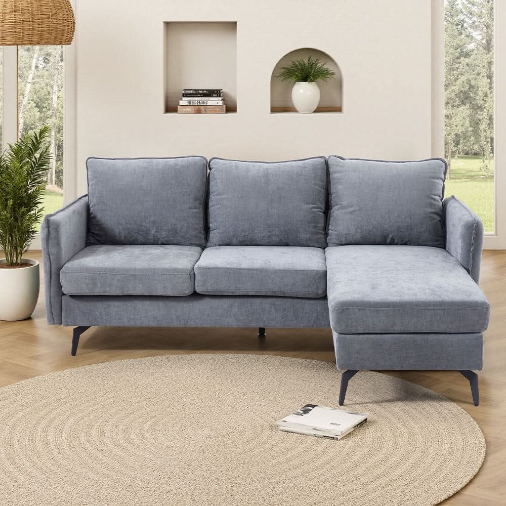 Corner Sofa Green Grey Polyester Wooden Frame Spring Cushion Metal Legs