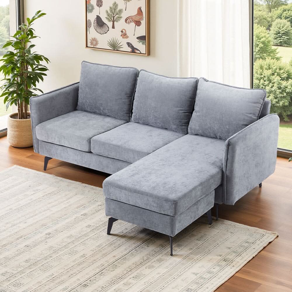 Corner Sofa Green Grey Polyester Wooden Frame Spring Cushion Metal Legs
