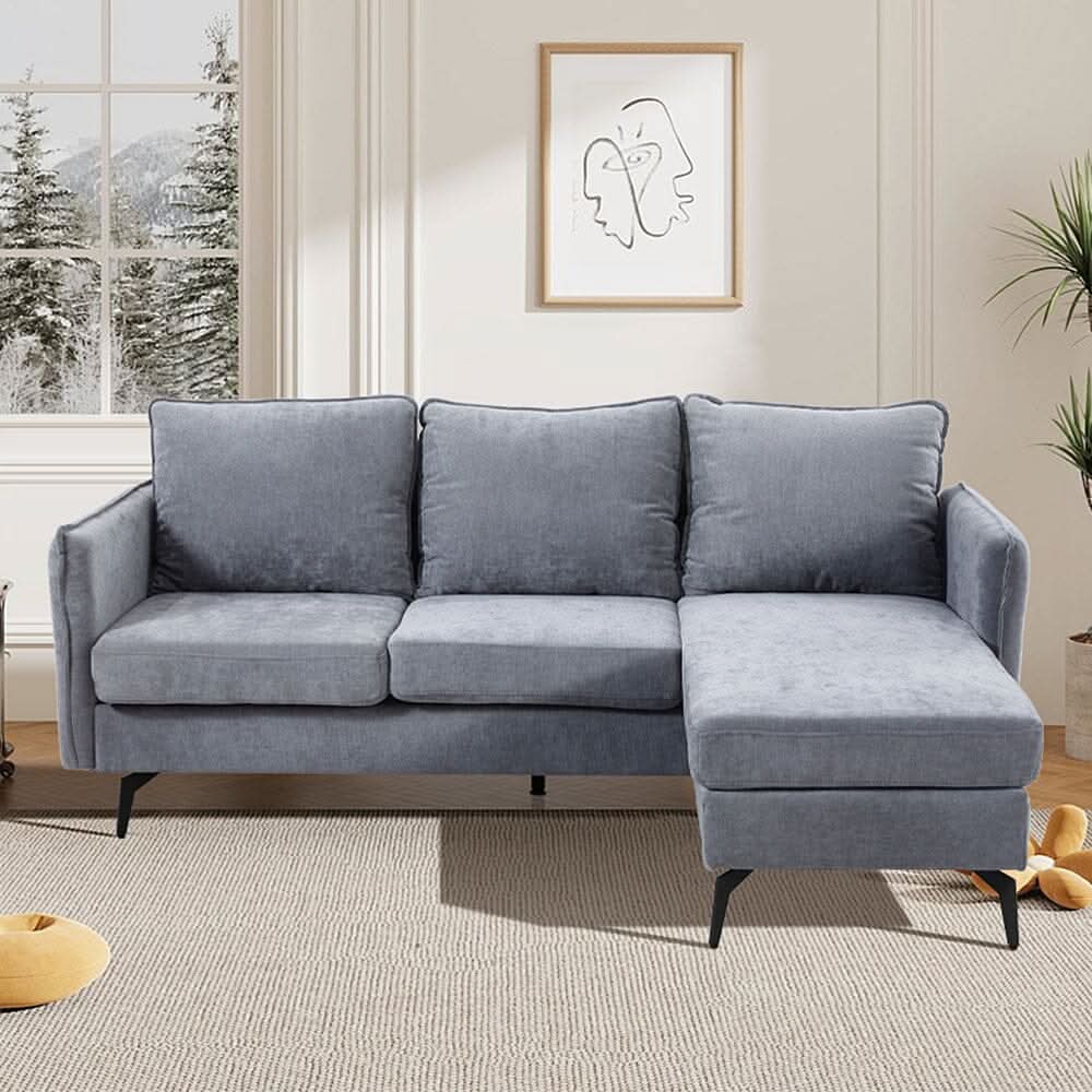 Corner Sofa Green Grey Polyester Wooden Frame Spring Cushion Metal Legs