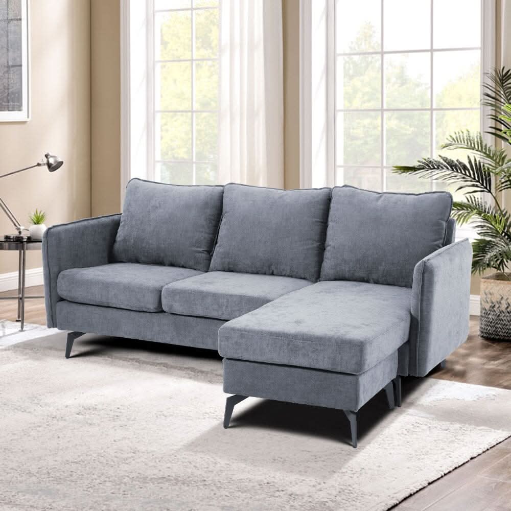 Corner Sofa Green Grey Polyester Wooden Frame Spring Cushion Metal Legs