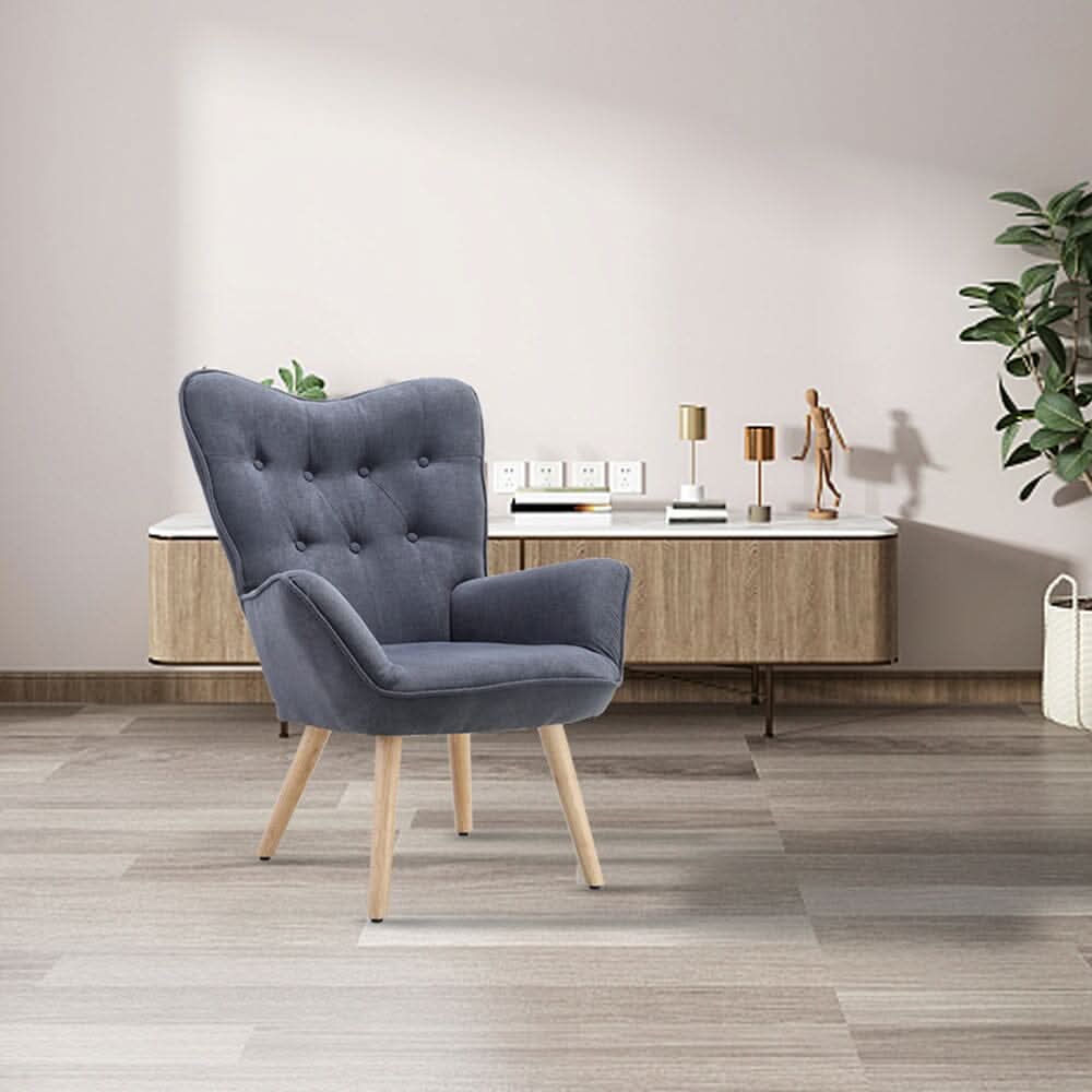 Tufted Button Linen Armchair with Wooden Legs