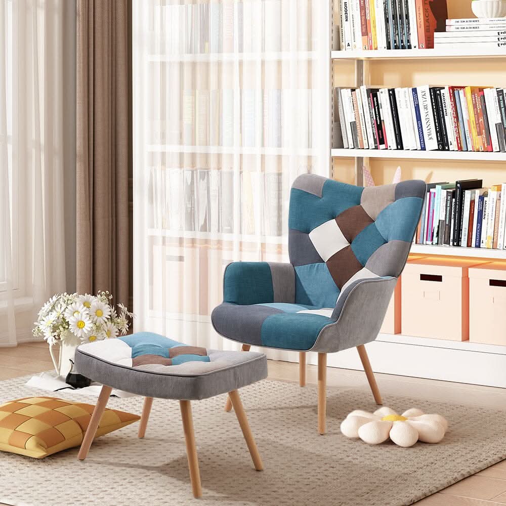 Colour Block Upholstered Wingback Armchair with Footstool