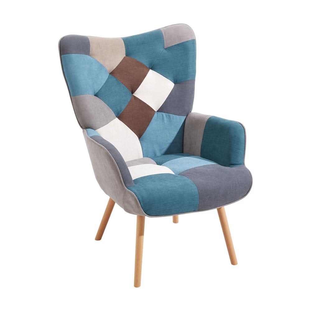 Colour Block Upholstered Wingback Armchair with Footstool