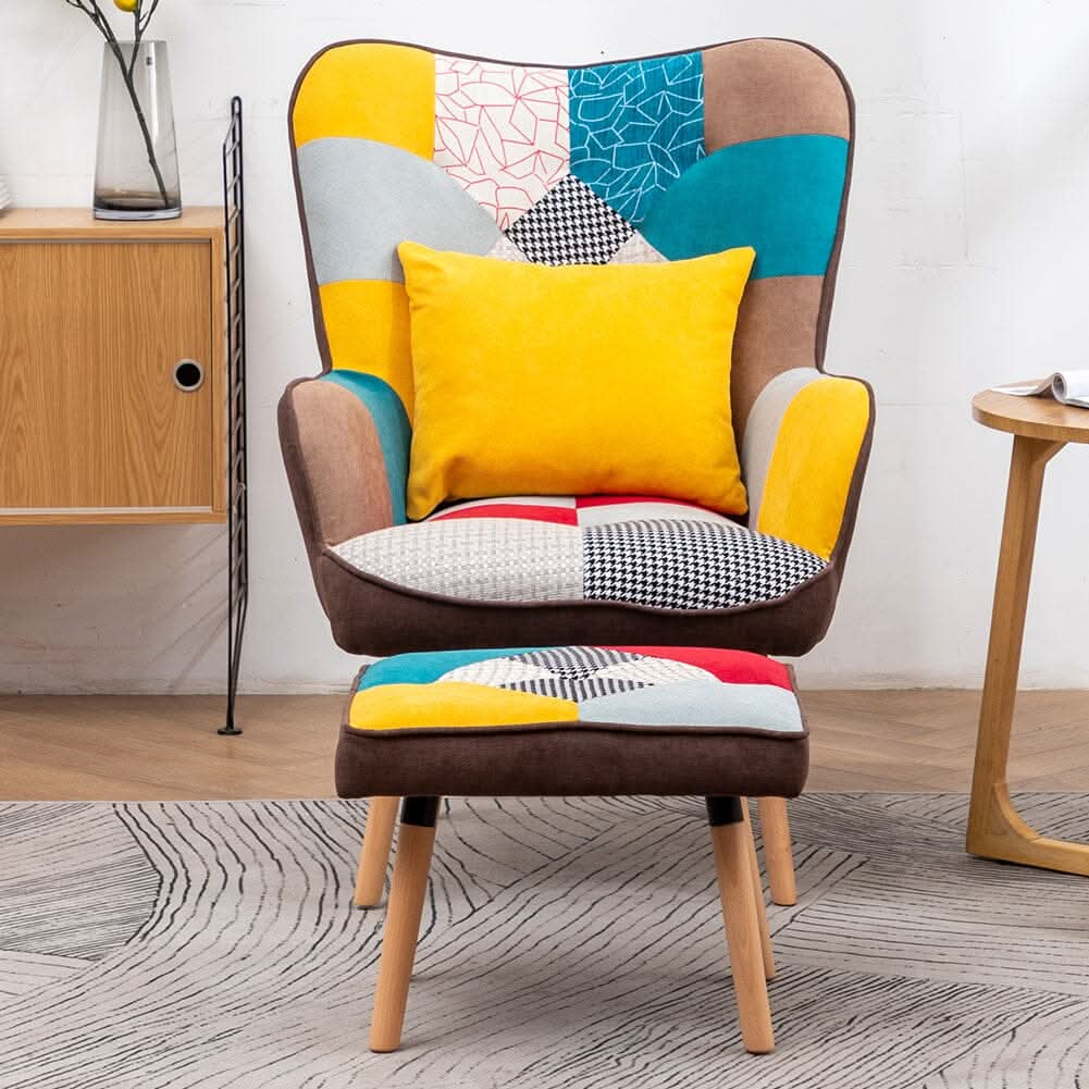Patterned Fabric Accent Chair with Ottoman & Throw Pillow