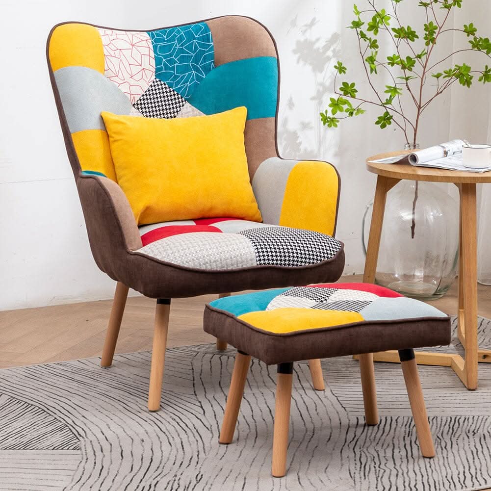 Patterned Fabric Accent Chair with Ottoman & Throw Pillow