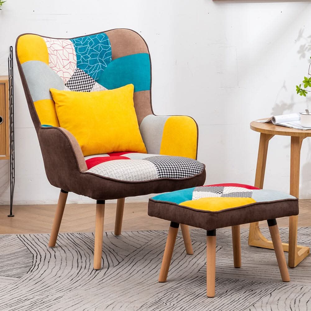 Patterned Fabric Accent Chair with Ottoman & Throw Pillow