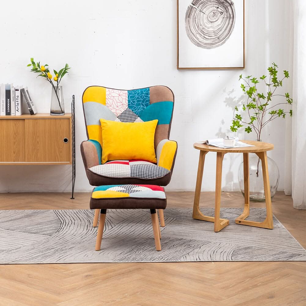 Patterned Fabric Accent Chair with Ottoman & Throw Pillow