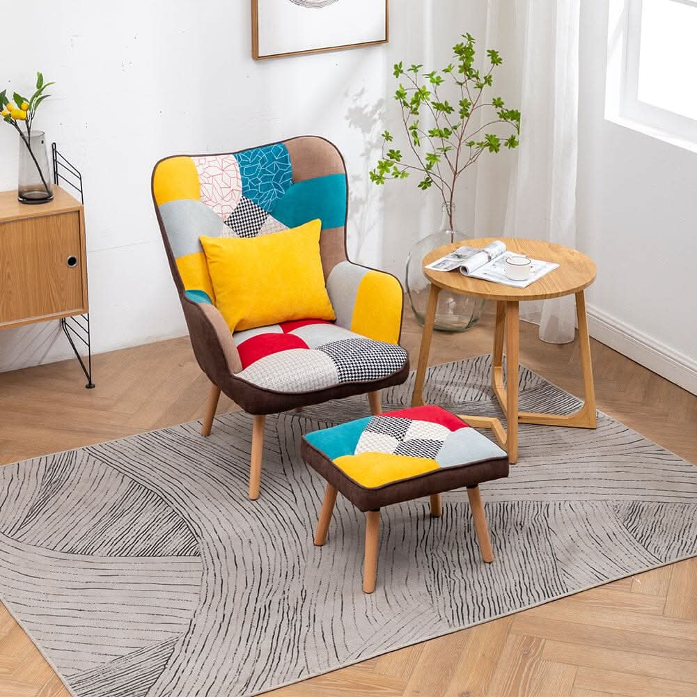 Patterned Fabric Accent Chair with Ottoman & Throw Pillow