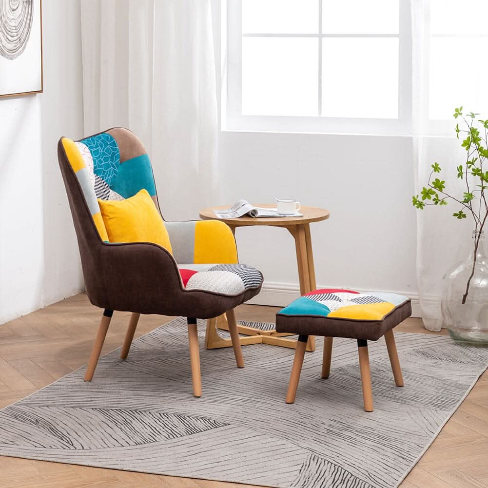 Patterned Fabric Accent Chair with Ottoman & Throw Pillow