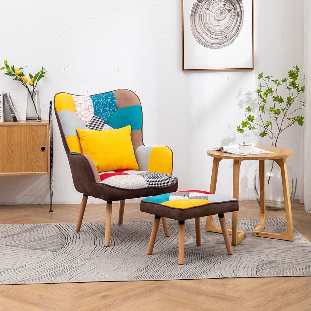 Patterned Fabric Accent Chair with Ottoman & Throw Pillow