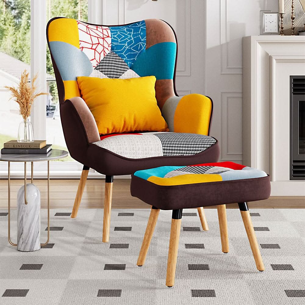 Patterned Fabric Accent Chair with Ottoman & Throw Pillow