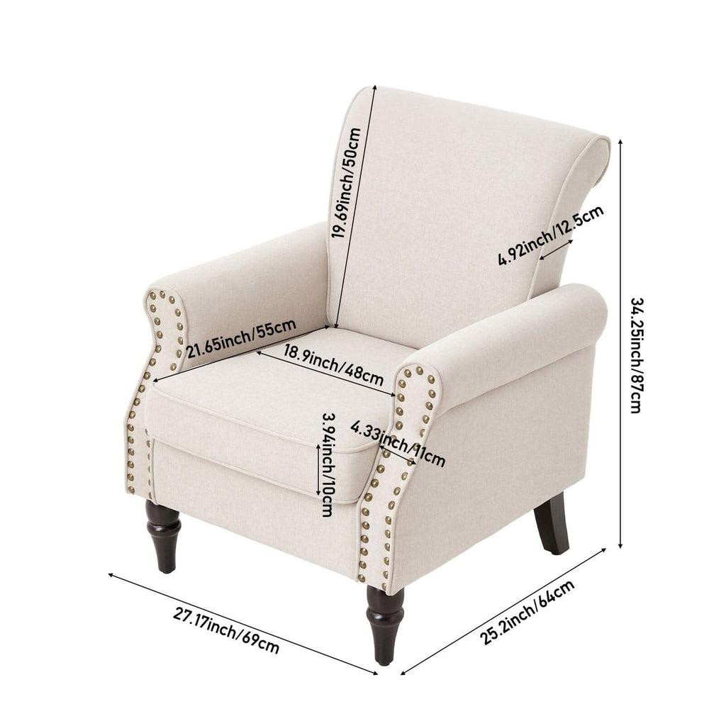 Accent Chair Beige Velvet Linen Studded Detail Rubber Wood Legs