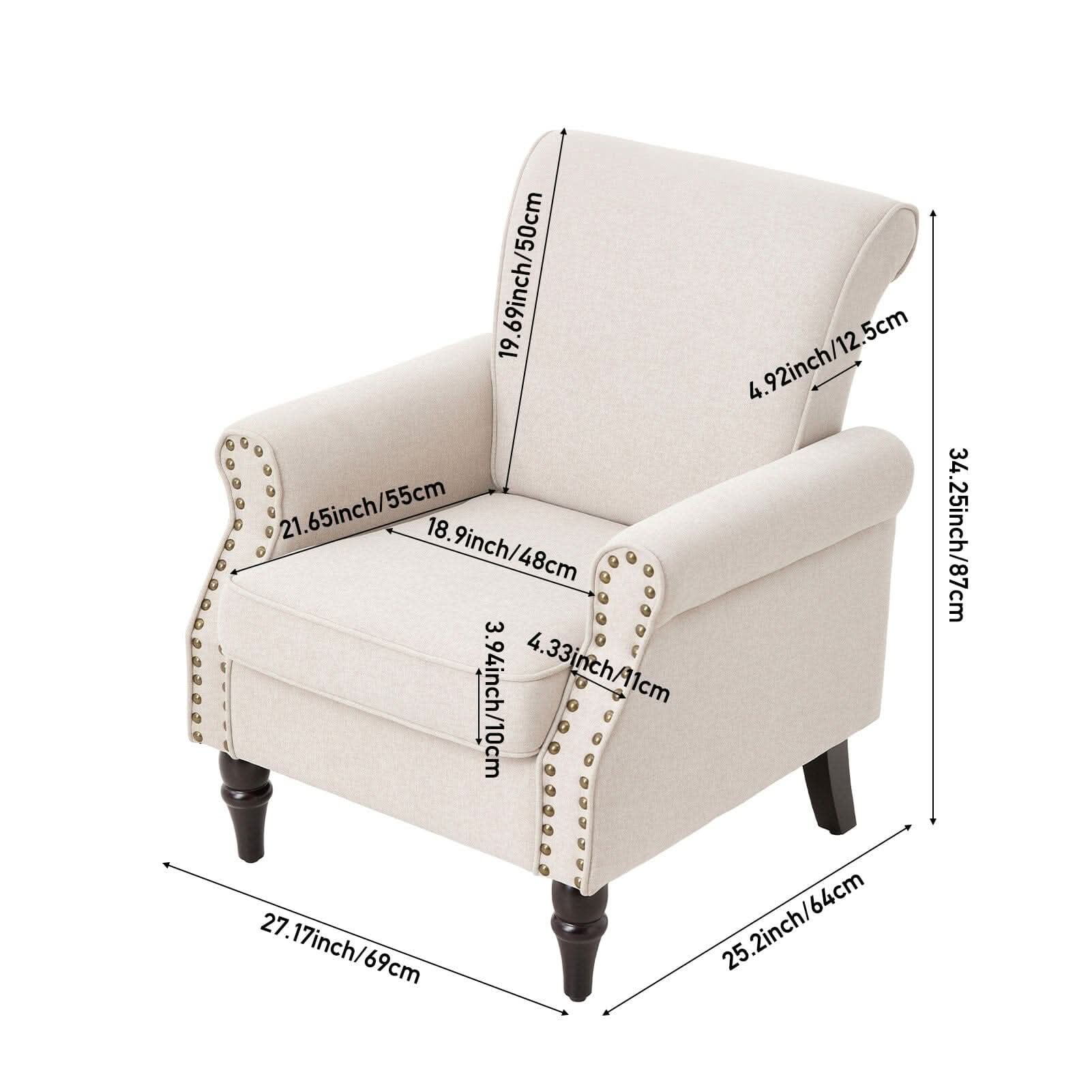 Accent Chair Beige Velvet Linen Studded Detail Rubber Wood Legs