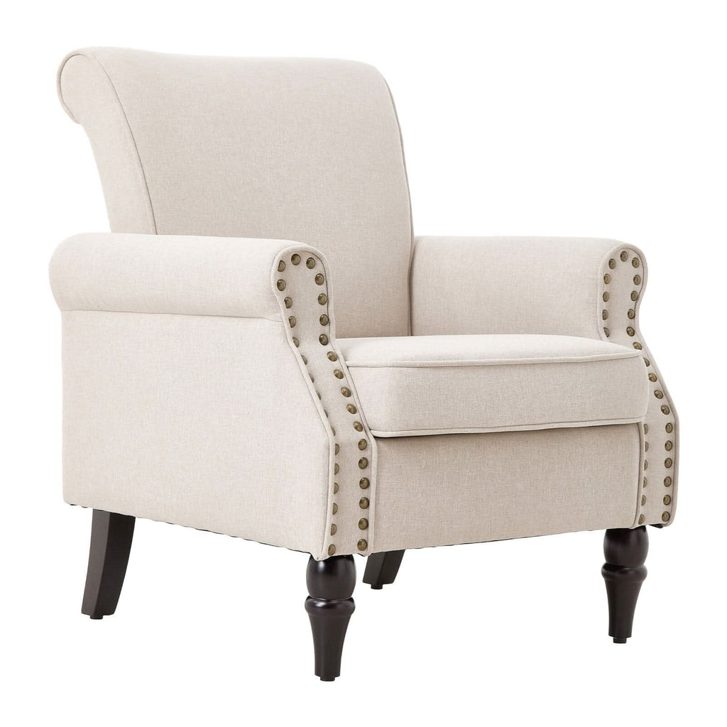Accent Chair Beige Velvet Linen Studded Detail Rubber Wood Legs