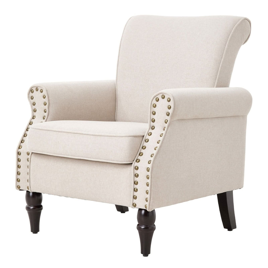 Accent Chair Beige Velvet Linen Studded Detail Rubber Wood Legs