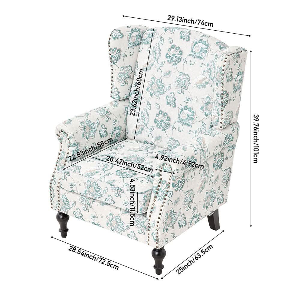 Accent Chair Green Floral Velvet Linen Rubber Wood Legs