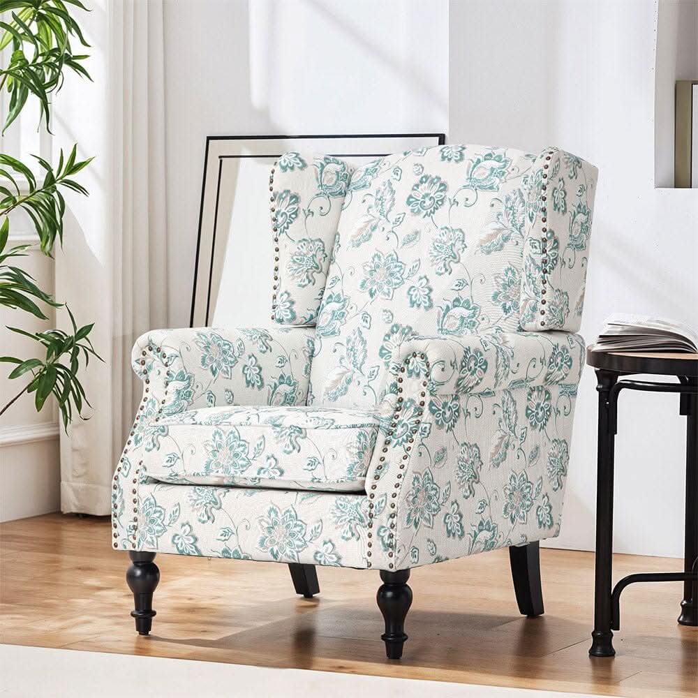 Accent Chair Green Floral Velvet Linen Rubber Wood Legs