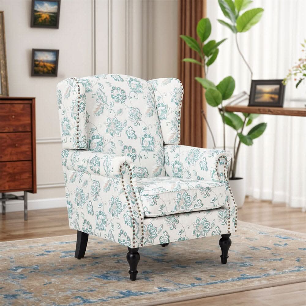 Accent Chair Green Floral Velvet Linen Rubber Wood Legs