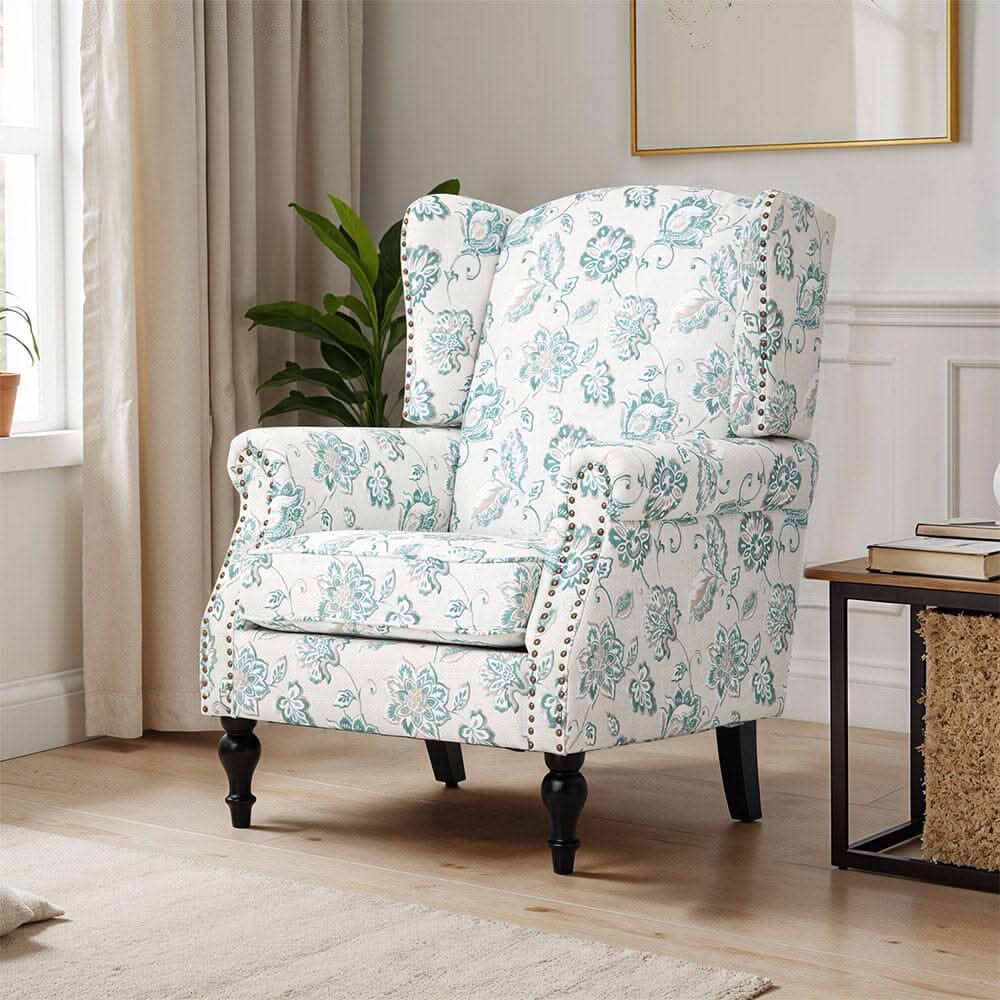 Accent Chair Green Floral Velvet Linen Rubber Wood Legs