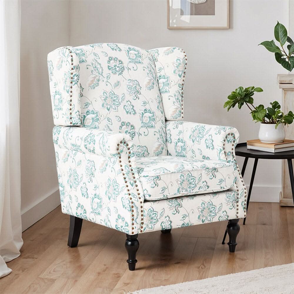 Accent Chair Green Floral Velvet Linen Rubber Wood Legs