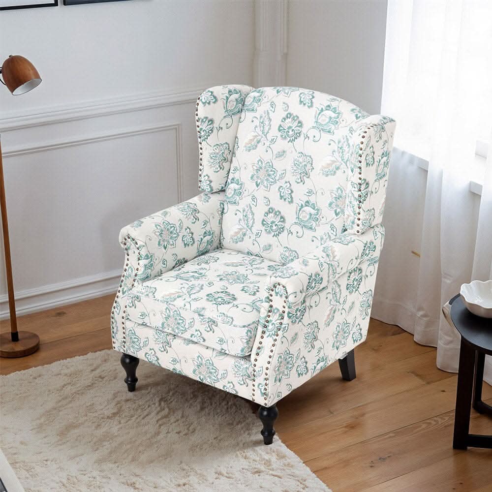 Accent Chair Green Floral Velvet Linen Rubber Wood Legs