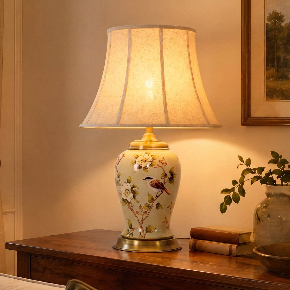 Lightsin Vintage Camellia Ceramic Table Lamp with Copper Base and Fabric Shade