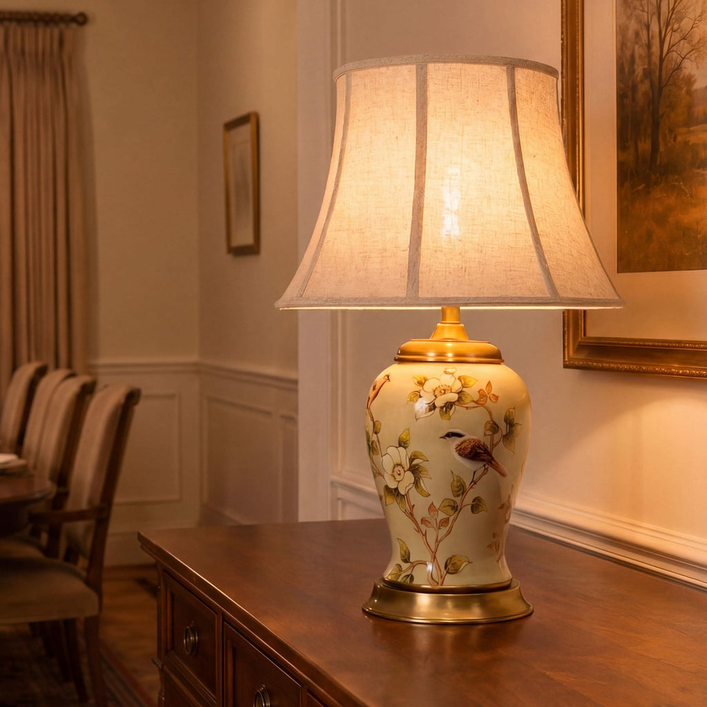 Lightsin Vintage Camellia Ceramic Table Lamp with Copper Base and Fabric Shade