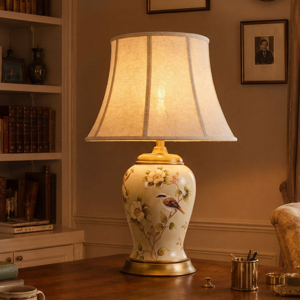Lightsin Vintage Camellia Ceramic Table Lamp with Copper Base and Fabric Shade