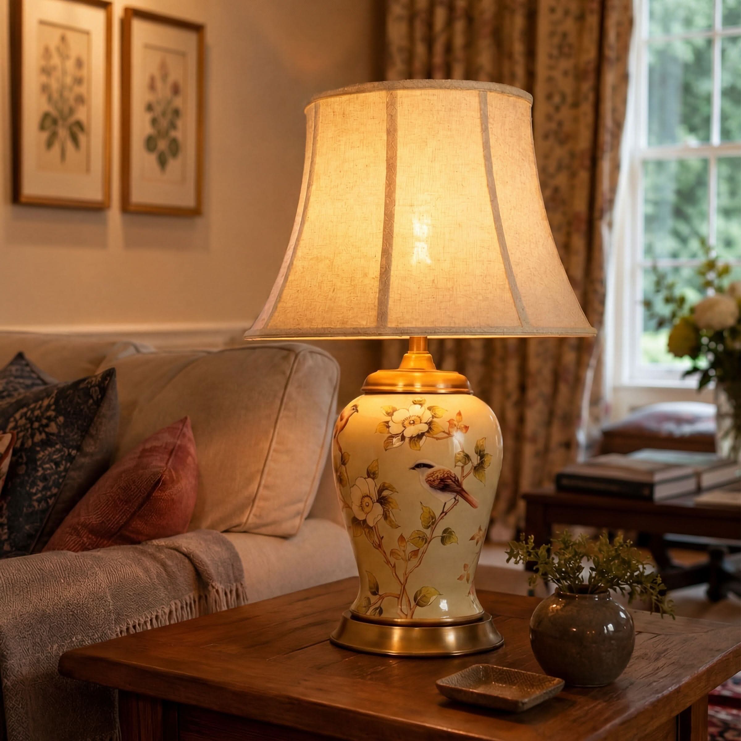 Lightsin Vintage Camellia Ceramic Table Lamp with Copper Base and Fabric Shade