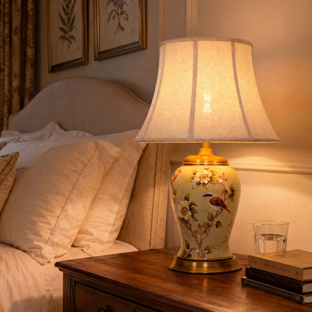 Lightsin Vintage Camellia Ceramic Table Lamp with Copper Base and Fabric Shade