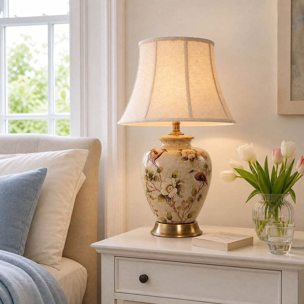 Lightsin Vintage Ceramic Bird-Pattern Table Lamp with Fabric Shade