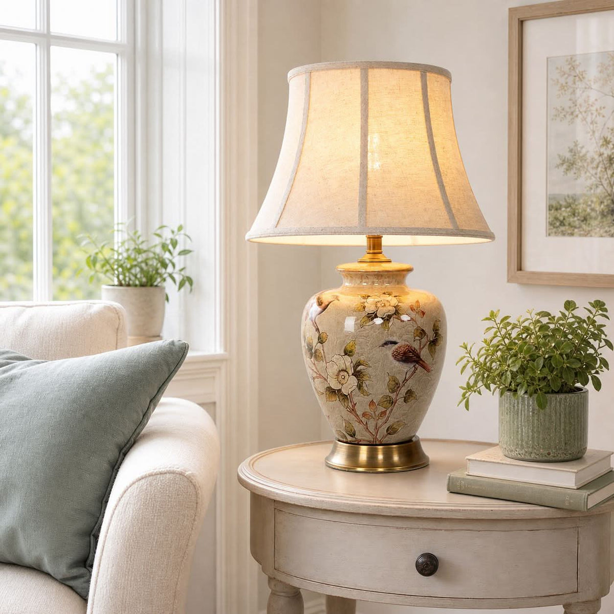 Lightsin Vintage Ceramic Bird-Pattern Table Lamp with Fabric Shade