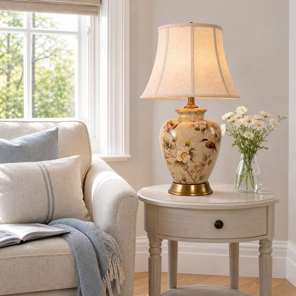 Lightsin Vintage Ceramic Bird-Pattern Table Lamp with Fabric Shade