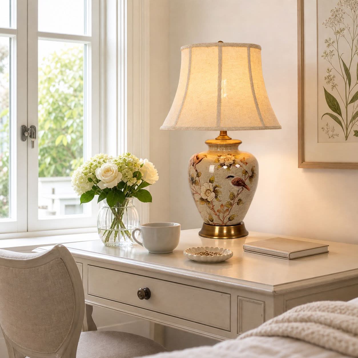 Lightsin Vintage Ceramic Bird-Pattern Table Lamp with Fabric Shade
