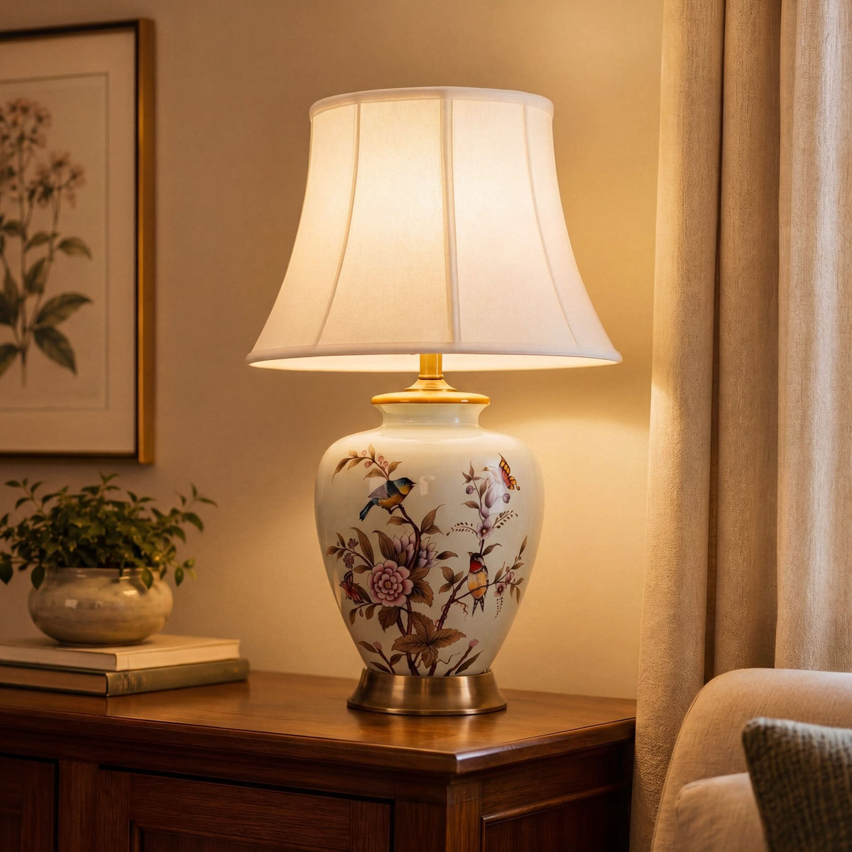 Lightsin Hand-Painted Vintage Ceramic Bird & Floral Table Lamp in Soft Celadon Green