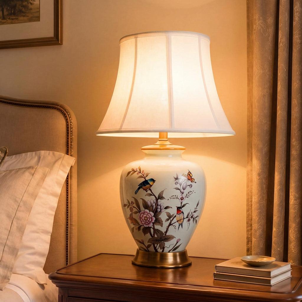 Lightsin Hand-Painted Vintage Ceramic Bird & Floral Table Lamp in Soft Celadon Green