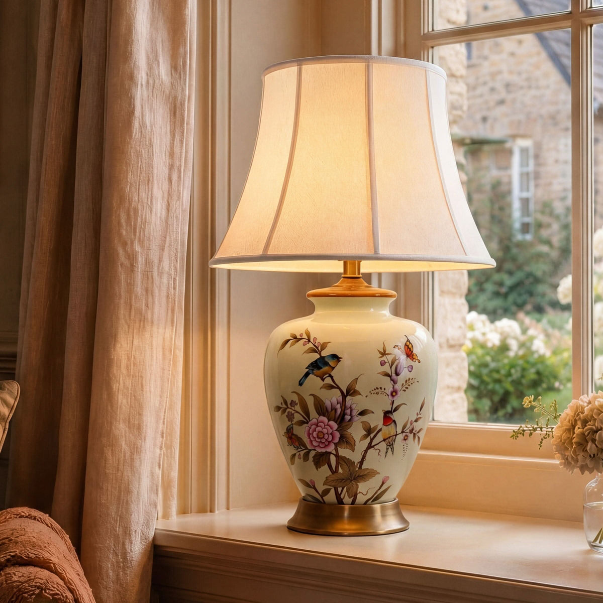 Lightsin Hand-Painted Vintage Ceramic Bird & Floral Table Lamp in Soft Celadon Green