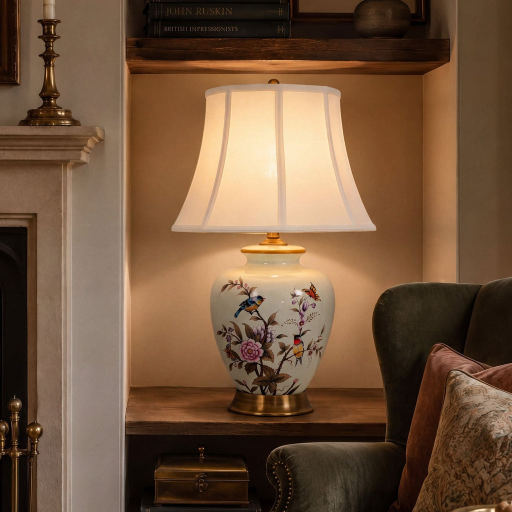 Lightsin Hand-Painted Vintage Ceramic Bird & Floral Table Lamp in Soft Celadon Green