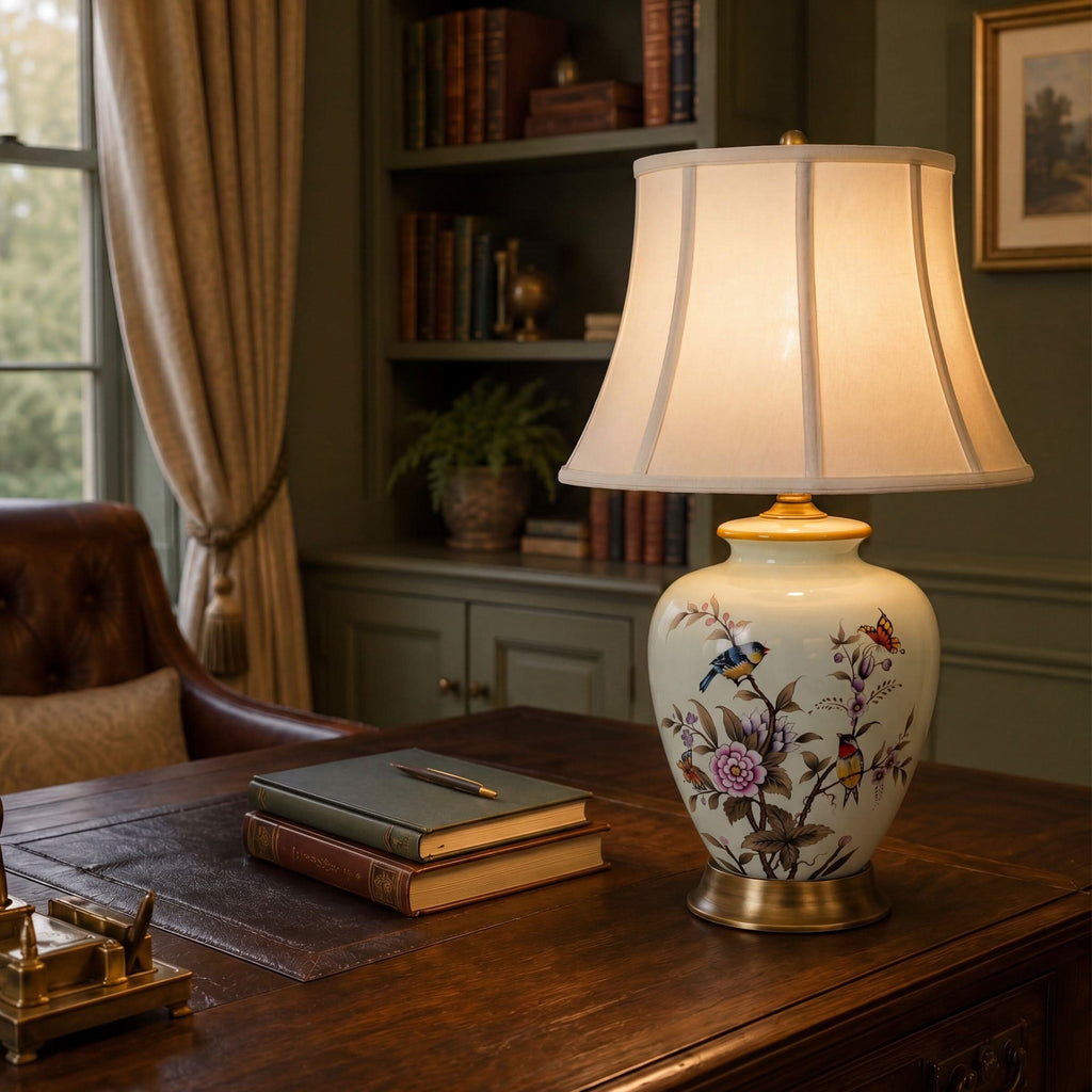 Lightsin Hand-Painted Vintage Ceramic Bird & Floral Table Lamp in Soft Celadon Green