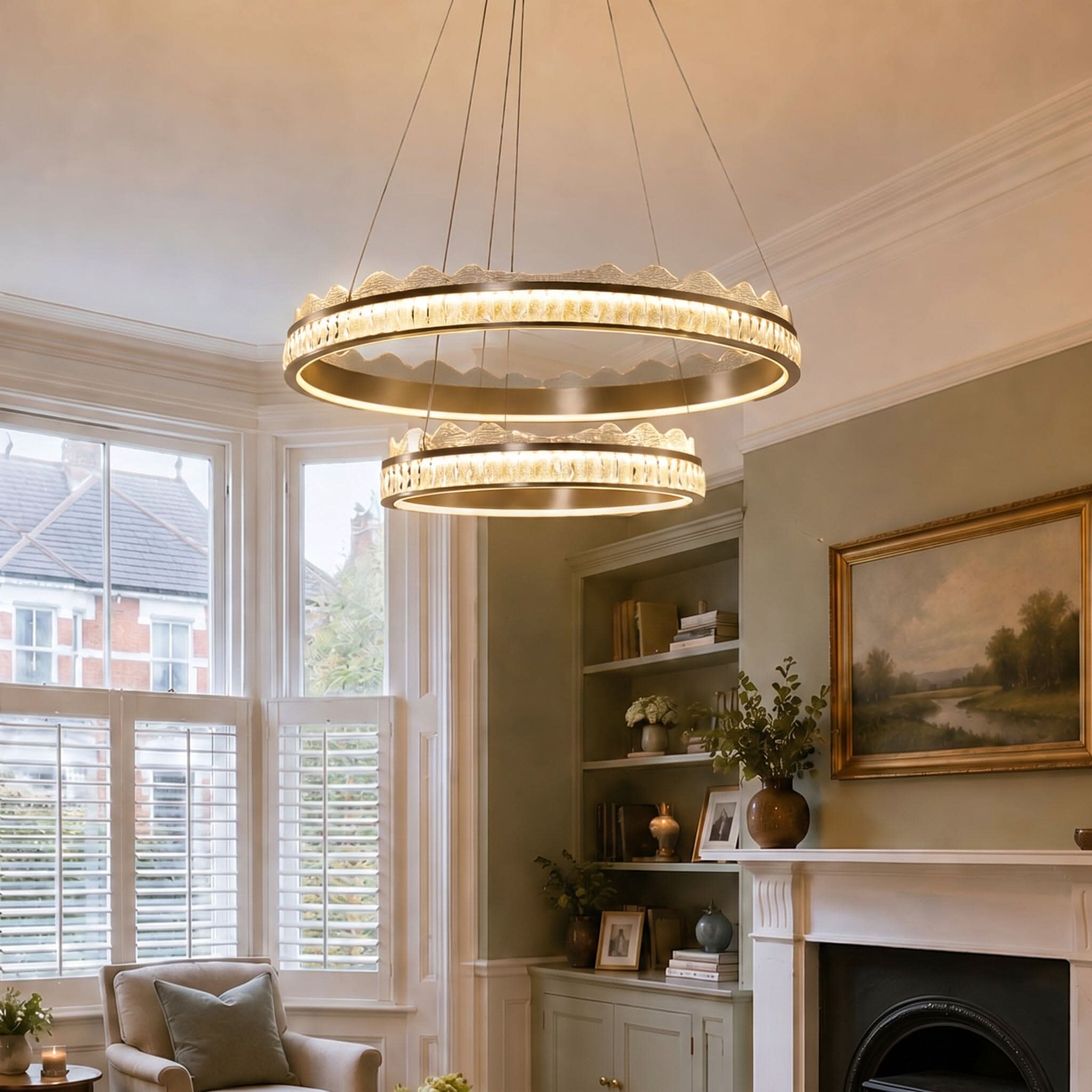 Lightsin Golden Crystal Dual-Ring LED Pendant Light in Modern Aluminum Design
