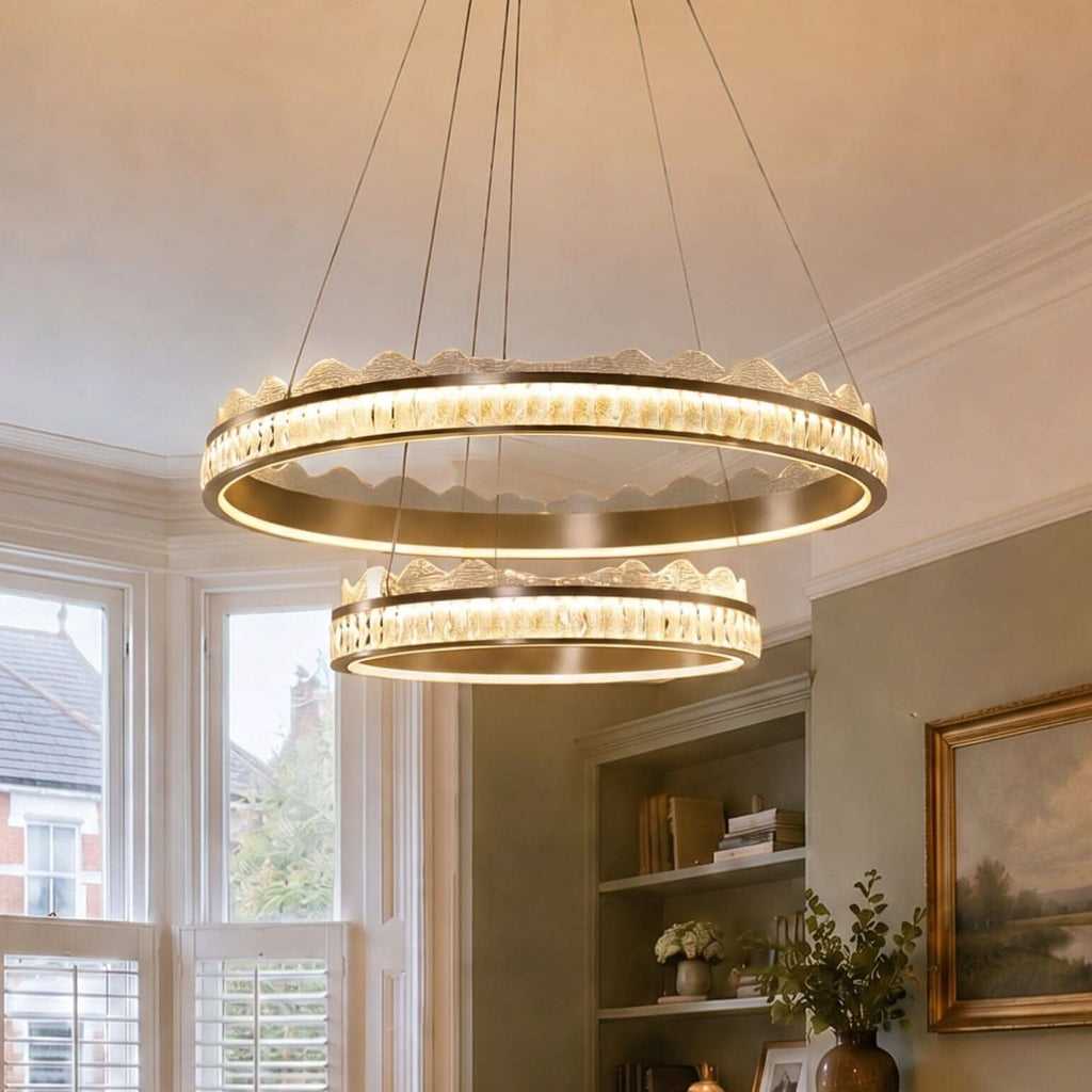 Lightsin Golden Crystal Dual-Ring LED Pendant Light in Modern Aluminum Design